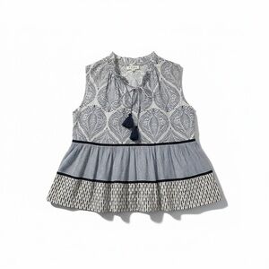 THML Peasant Blouse Sleeveless Tassel Collar Ruffle Trim Blue White Womens M